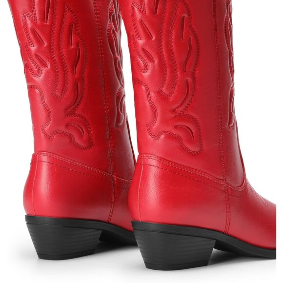 Women's Red Mid Calf Western Embroidery Stitched Faux Leather Cowgirl Boots - Picture 4 of 8